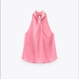 zara bubble gum pink knitted halter satin top